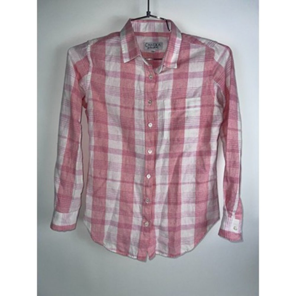 Camixa By Celina Di Pisa Pink Long Sleeve Collared Plaid Button Up Shirt Size XS